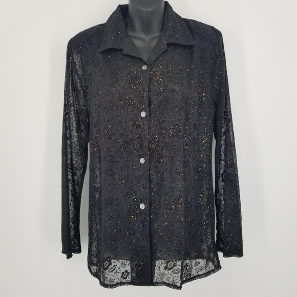 MOS4 sheer blouse bell sleeves black multicolored sparkle velvet floral L - Picture 3 of 7
